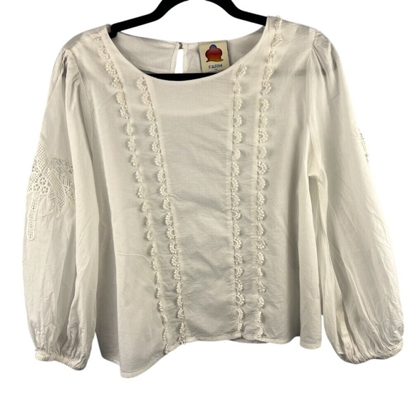 Farm Rio x Anthropologie White Cotton Puff Sleeve Scoop Neck Lace Top Size M - Picture 6 of 13